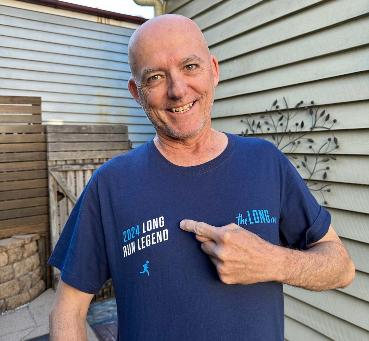 David, current prostate cancer patient wearing his The Long Run fundraising t-shirt